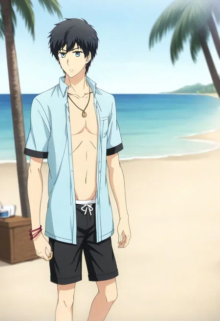 high resolution, solo, best quality, 1Boy, Arata Kaizaki, Black Hair, Blue Eyes, shallow depth of field, beach, open shirt, shorts, sixpack, necklace, bracelet, coconut tree, OverallDetail