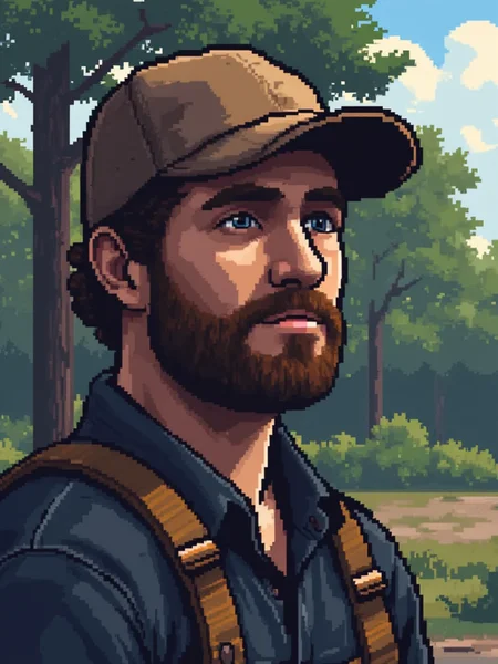 A pixel art illustration close-up portrait of a man. He is a lumberjack that is on break.<lora:General Flux\pixel-art-rooms.safetensors:0.9:1.0>
