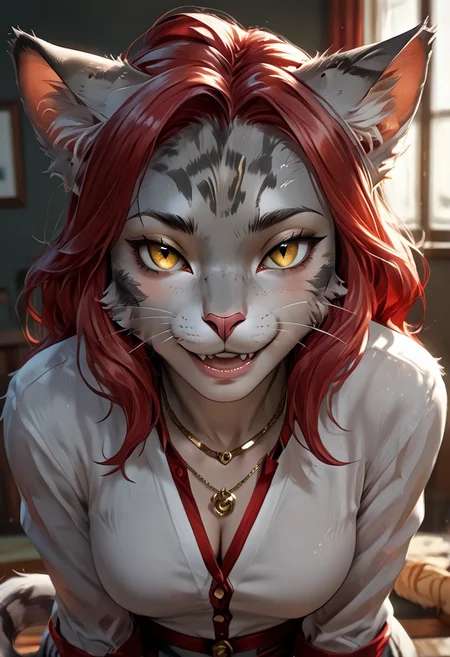 Sc4rl3tGr3y, fcNeg, Expressiveh, Solo, score_9, score_8_up, score_7_up, source_furry, (full body: 1.3), angle view, ((Anthro furry feline woman, Anthro adult female)), (gold eyes, detailed eyes, detailed eyelashes, eyes opened), (long hair, wavy hair, red hair, bangs, ponytail, detailed hair, long wavy hair), (silver fur, grey stripes, tabby cat stripes, cat tail, striped tail), (feline face, feline snout, feline teeth, lips, pink lips, pink nose, whiskers, happy, very happy, mouth open, smile), medium breasts, cleavage, breasts, cat claws, necklace, (perfect hands, perfect fingers, five fingers), (realistic, photorealistic, hyper realism, photograph, hyper detailed fur):1.3
Scarlet, a gorgeous anthro catgirl with red hair and gold eyes, poses in a professional model stance, showcasing her perfect athletic body. She stands confidently on a plain white background, her feline features like pointed ears and a sleek tail perfectly complementing her human-like physique. Her red hair cascades down her shoulders, contrasting with her flawless silver fur and detailed features. Photorealistic image, professional studio lighting, clean minimalistic background, shot with a 35mm lens, medium full-body shot, sharp focus, high resolution, 8K.