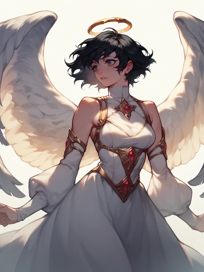 score_9, score_8_up, score_7_up, score_6_up, score_5_up, <lora:p1g30nXLP:0.8> p1g30n, 1girl, black hair, angel wings