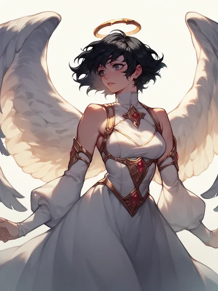 score_9, score_8_up, score_7_up, score_6_up, score_5_up, <lora:p1g30nXLP:0.8> p1g30n, 1girl, black hair, angel wings