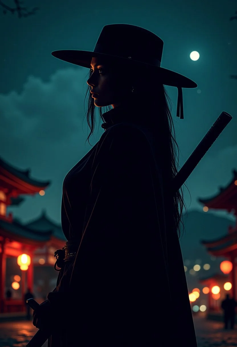 Stunning illustration of Japanese female ninja, silhouetted against the night sky, chiascuro, directional lighting