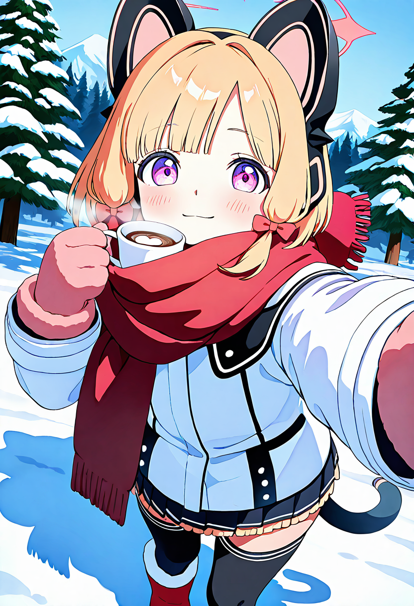 masterpiece, best quality, solo, curvy, beautiful eyes, narrow waist, wide hips, 1girl, solo, smile, looking at viewer, dynamic angle, foreshortening, close up,     zzMomoi, blonde hair, animal ears, fake animal ears, animal ear headphones, headphones, short hair, bow, halo, cat ear headphones, hair bow, red bow, pink eyes, pink halo,  ,<lora:MomoiBlueArchiveIXL:0.7>,[Snowy Mountain Lodge], thick cable-knit sweater with oversized scarf, woolen gloves and knitted beanie, insulated winter jacket with faux fur trim, snow boots with thermal lining, fleece-lined leggings, sipping hot cocoa by the fireplace, snow-covered cabin surrounded by tall pine trees, soft snowfall outside,