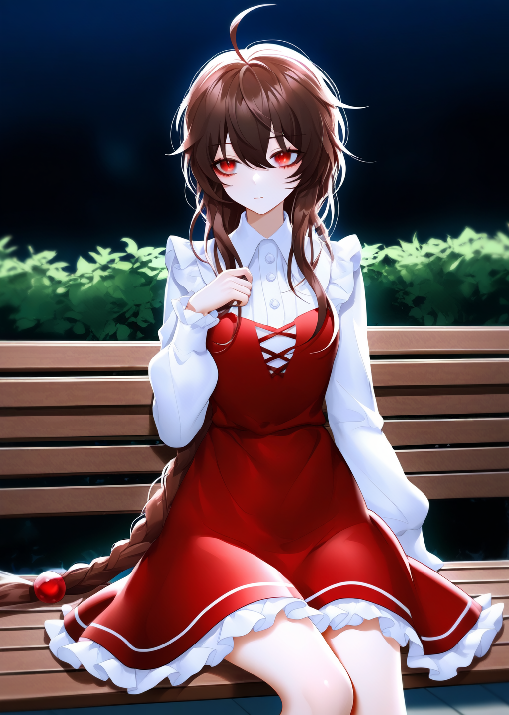 yuezheng ling,1girl,masterpiece,high quality,best quality,beautiful,cowboy_shot,park,been:0.6,wanke:0.6,blouse,frilled_skirt,bench,sitting,dark,