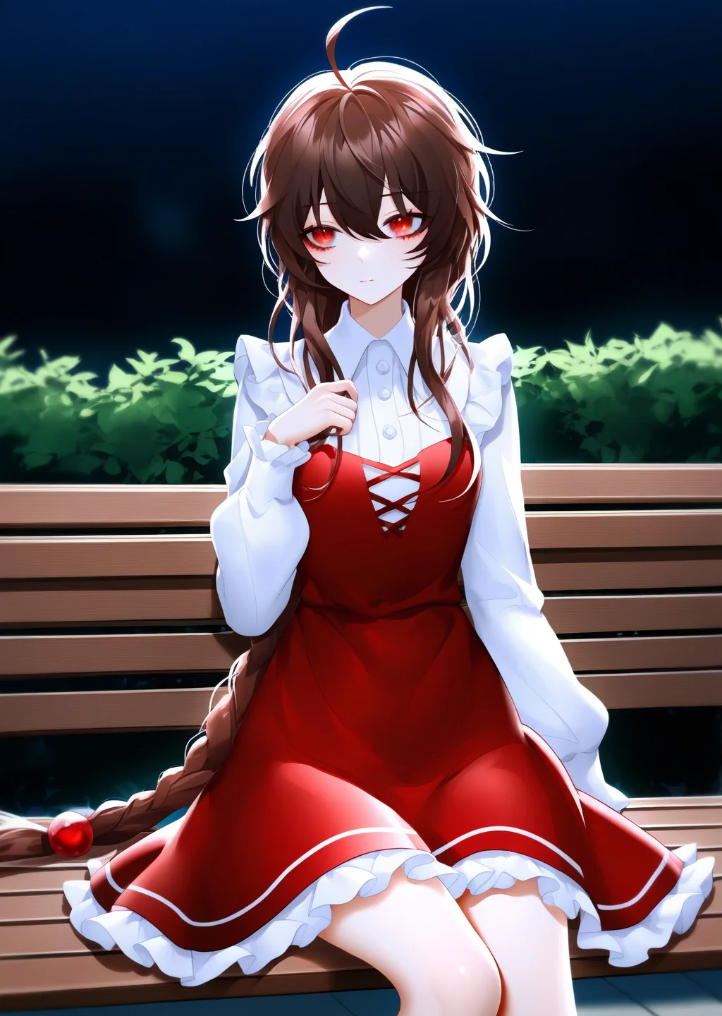 yuezheng ling,1girl,masterpiece,high quality,best quality,beautiful,cowboy_shot,park,been:0.6,wanke:0.6,blouse,frilled_skirt,bench,sitting,dark,