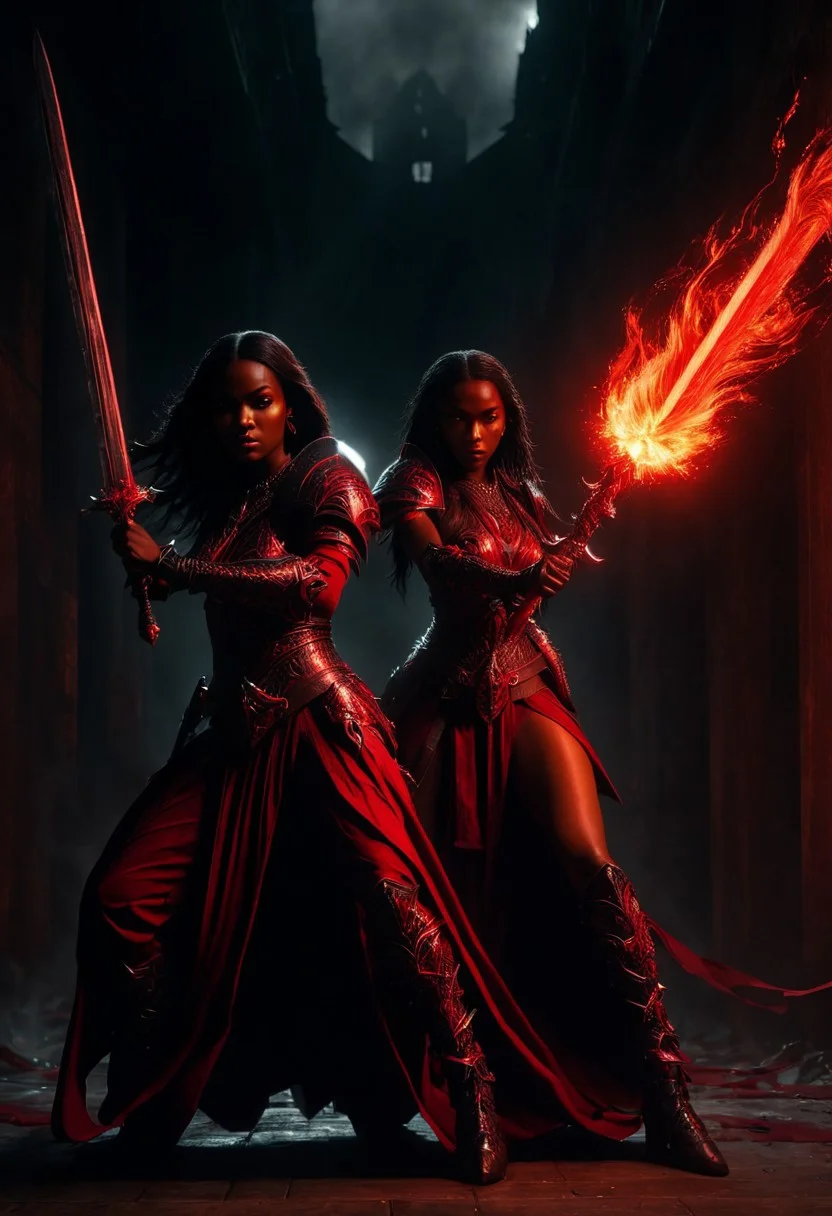 The image shows two female warriors in a dark and eerie setting. The warrior on the left is holding a large sword with a red flame coming out of it while the warrior in the middle is wearing a red and black outfit with a helmet and armor. Both warriors have long dark hair and are holding swords in their hands. The background is dark and ominous with a hint of a cityscape visible in the distance. The overall mood of the image is intense and powerful., dark-skinned male, earrings, Hyperdetailed.