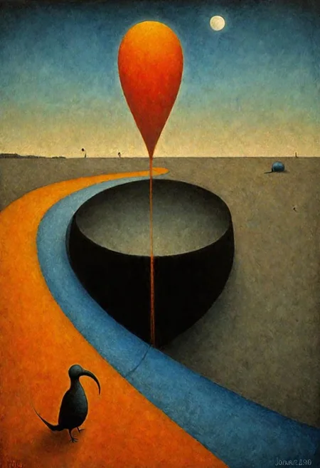 Style by Pawel Kuczynski and Joan Miro and Graham Sutherland, surreal abstract art, nightmare residue of dark shine, abstract shy ibis paradoxes, depth of field, red, orange and blue color palette, unsettling, asymmetric abstractions, expansive, surreal masterpiece, juxtaposition of the uncanny and the banal, sharp focus, smooth, never seen before