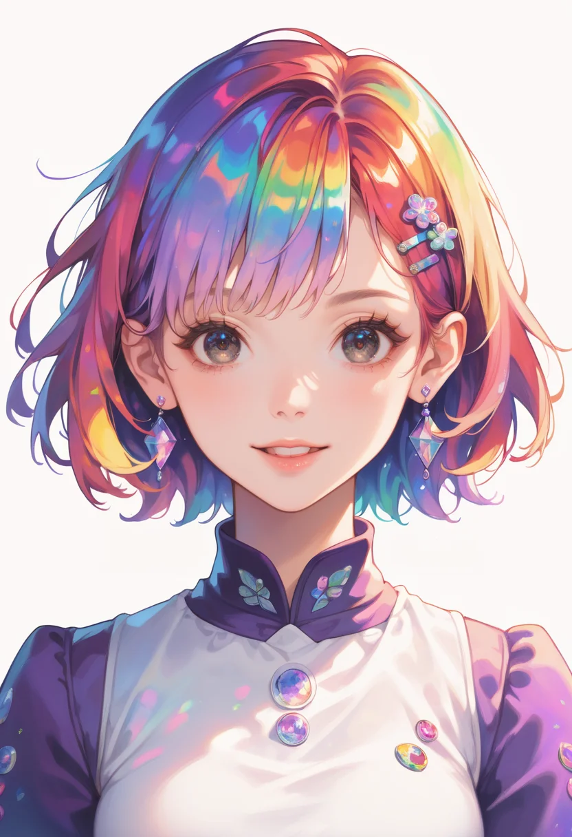 score_9, score_8_up, score_7_up, masterpiece, best quality, perfect anatomy, very aesthetic, ((outlined outlined vector graphics)),no norm,close up, front view,
, cute face, (glow eyes:0.8), looking at viewer, glittering, glimmering, purple theme,
1girl,20yo, rainbow hair, black eyes, short bob hair, hair pin,mdeium  breast, slender,(white thigh strap:1.1),(black clohtes:1.1),
, 
jewelry, earrings, parted lips,, long sleeve,black , action pose , smile beam, <lora:rainbow-hair-01-step00000800:1>