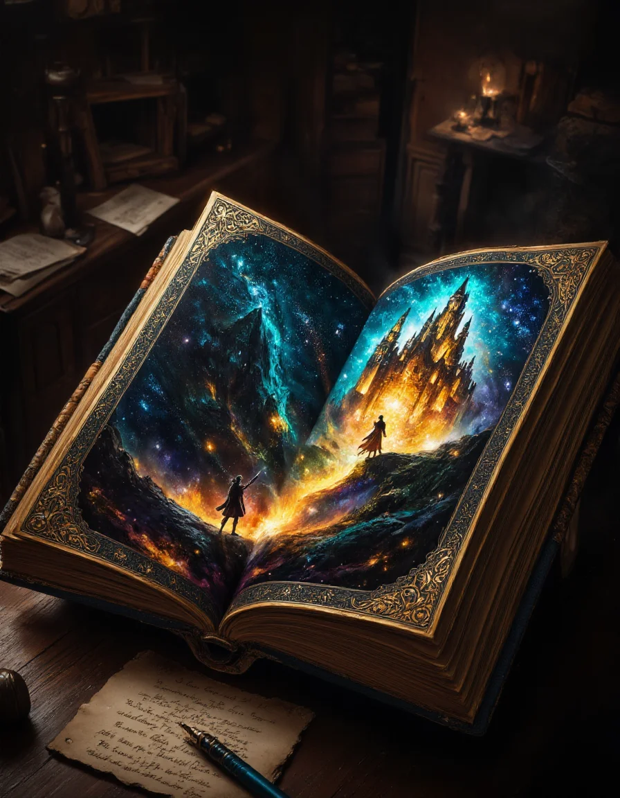 This image is a highly detailed, digital painting depicting an open book with a fantastical, illuminated cover. The book, which appears to be an ancient tome, has an ornate, gold-embossed cover with intricate designs. The cover art is a vibrant, magical landscape featuring a castle with tall, spires and windows aglow with warm, yellow light. The castle is set against a starry, night sky filled with twinkling stars, creating a celestial effect. The foreground of the cover shows a lone, silhouetted figure standing on a rocky outcropping, gazing up at the castle. The figure appears to be a man dressed in medieval attire, with a long cloak and a sword at his side.
The background of the image is a softly lit, cozy room, with wooden furniture and dimly visible objects, suggesting a study or library. The book itself is placed on a wooden surface, with scattered papers and a pen nearby. The lighting in the room is warm and soft, enhancing the magical and otherworldly atmosphere of the book cover. The overall style of the image is a blend of realism and fantasy, with a high level of detail and texture, making it appear almost three-dimensional. , <lora:ImageUpgraderV2:0.75>, <lora:aidmaMJ6.1-FLUX-V0.1:0.6>, <lora:fluxenhancer:0.6>, ultra quality, ultra detailed