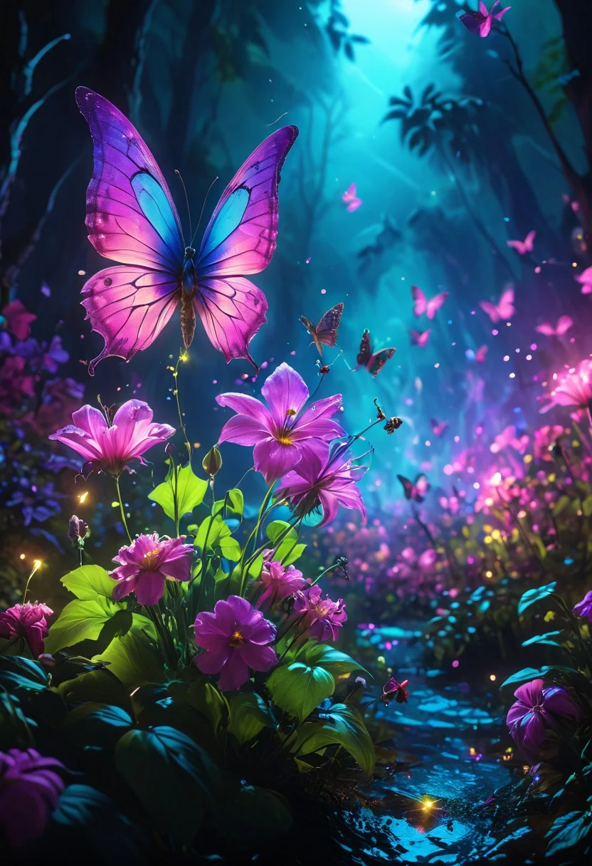 Gothic style (masterpiece, best quality, hyper-detailed, ultra-realistic, 32k, RAW photo), clear, epiCPhoto, magical fairy forest of glowing flowers, strong glowing flowers, spotlight on flowers, white mist, white mist, (giant flowers). Shamubo in the neon fog, mysterious, haunting, dramatic, ornate, detailed, in the style of eerily atmospheric dark fantasy, horror, 80s horror with bright colors, group of fairies, dimly lit, dark fantasy, vivid colors, bright colors, a group Fairies fly through the enchanted forest, chiaroscuro, lilac, pink, fairyforest, fairy, butterfly, flowers, subsurface scattering, sss, translucent