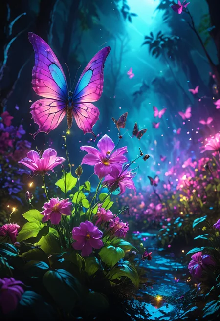 Gothic style (masterpiece, best quality, hyper-detailed, ultra-realistic, 32k, RAW photo), clear, epiCPhoto, magical fairy forest of glowing flowers, strong glowing flowers, spotlight on flowers, white mist, white mist, (giant flowers). Shamubo in the neon fog, mysterious, haunting, dramatic, ornate, detailed, in the style of eerily atmospheric dark fantasy, horror, 80s horror with bright colors, group of fairies, dimly lit, dark fantasy, vivid colors, bright colors, a group Fairies fly through the enchanted forest, chiaroscuro, lilac, pink, fairyforest, fairy, butterfly, flowers, subsurface scattering, sss, translucent