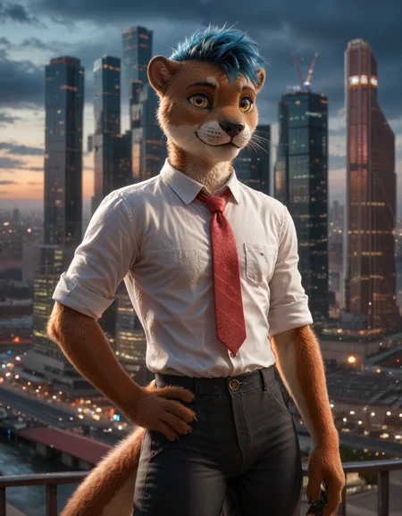 score_9, score_8_up, score_7_up, BREAK rating_safe, detailed, cinematic lighting, hdr, masterpiece, best quality, ultra realistic, 4k, 2k, film photography, RAW photo, photorealistic, analog style, subsurface scattering, photorealism, <lora:add-detail-xl:2.0>, <lora:2.5DRealisticV2.safetensors:0.25>, <lora:sinfully_stylish_SDXL.safetensors:1.0>, <lora:AdvancedEnhancerXLv2.safetensors:1.0>, solo, (anthro, furry:1.15), fluffy fur, detailed fur, (adult anthro male otter:1.2), otter tail, detailed fluffy fur, (otter ears, tiny ears, small ears:1.2), raised tail, yellow eyes, whiskers, grey spots in fur, halftone effect, ((gray and blue hair)), streaked hair, short hair, tail, claws, slim body, (black pawpads:1.1), dutch angle, looking aside, one hand on hip, (white shirt, monotonous red fabric tie, white collar, black pants:1.25), cute, BREAK <lora:moscow_city-14.safetensors:1.0>, (blurry background:1.2), moscow_city, night, neon light, scenery, sky, city, building, cityscape, outdoors, skyscraper, cloud, real world location,