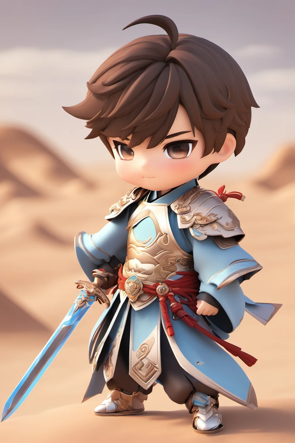 1 boy, solo, chibi, wearing chinese armor, cool, desert, holding sword <lora:mengwa:0.9>