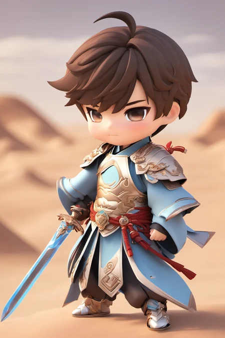 1 boy, solo, chibi, wearing chinese armor, cool, desert, holding sword <lora:mengwa:0.9>