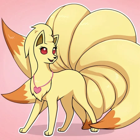 NinetalesPXL, no humans, pokemon (creature), female, (((eyelashes))), disney, girly, (((wearing pink heart necklace))), full body, solo, looking at viewer, open eyes, open mouth, happy, smiling, standing, posing, solo, flirty, feral