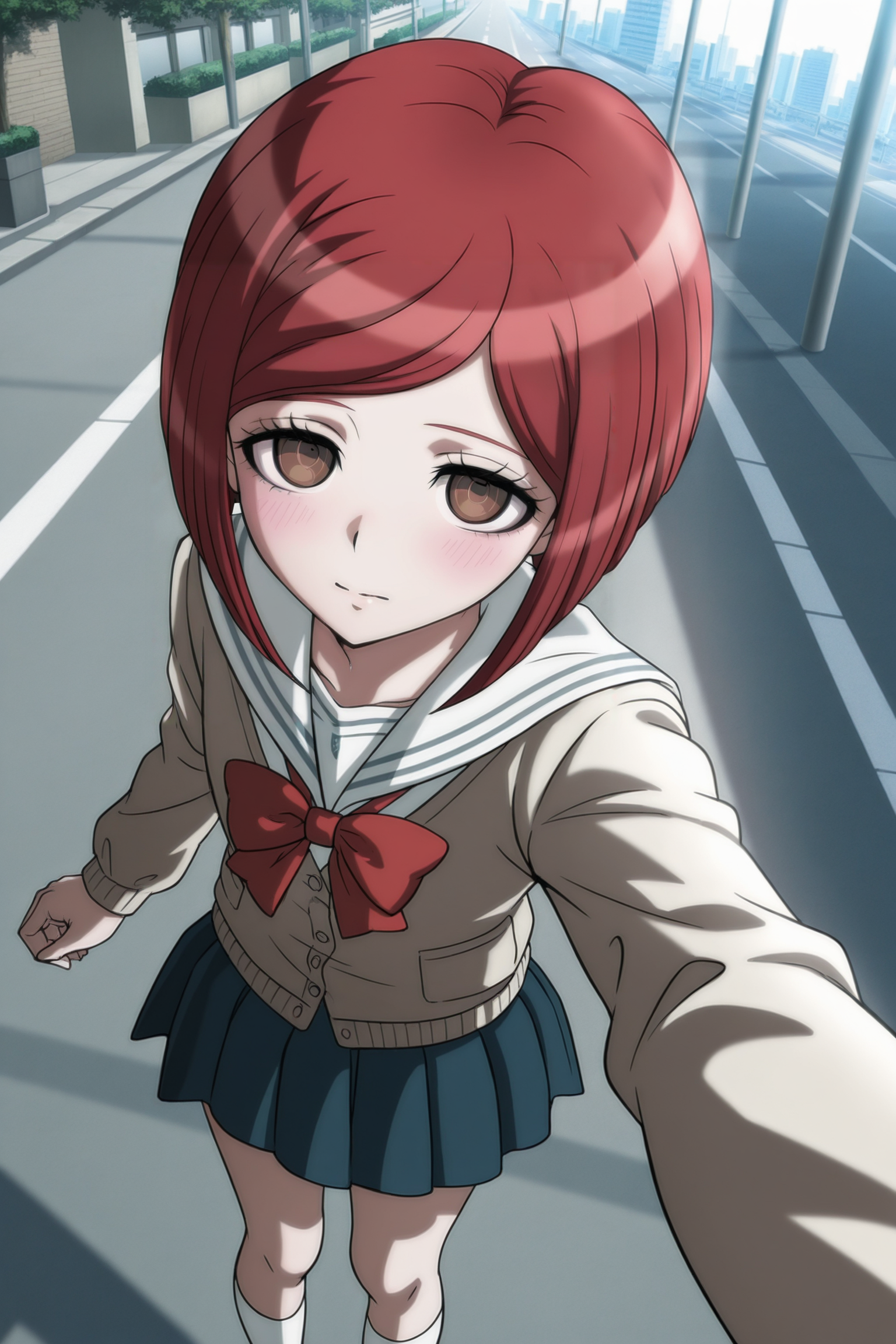 anime screencap, masterpiece, best quality, amazing quality, very aesthetic, absurdres,  newest, (scenery, volumetric lighting),
yumeno himiko, official style, 1girl, solo, looking at viewer, blush, short hair, bangs, outdoors, selfie, long sleeves, city, day, road, bow, brown eyes, closed mouth, school uniform, standing, full body, eyebrows, pale skin, flat chest, eyelashes, red hair, pleated skirt, shoes, alternate costume, socks, shiny, miniskirt, bowtie, sailor collar, black footwear, red bow, shiny hair, blue skirt, kneehighs, cardigan, white socks, red bowtie, from above, cowboy shot, dappled sunlight, light rays, 
 <lora:HimikoYumeno_IL:0.8>