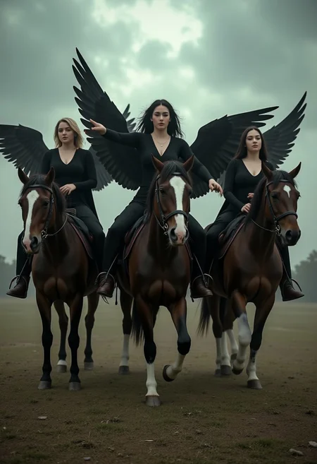 four beautiful women on horses representing the four horsemen of the apocalypse. A dystopian scene as the women ride the horses, dark angelic women,