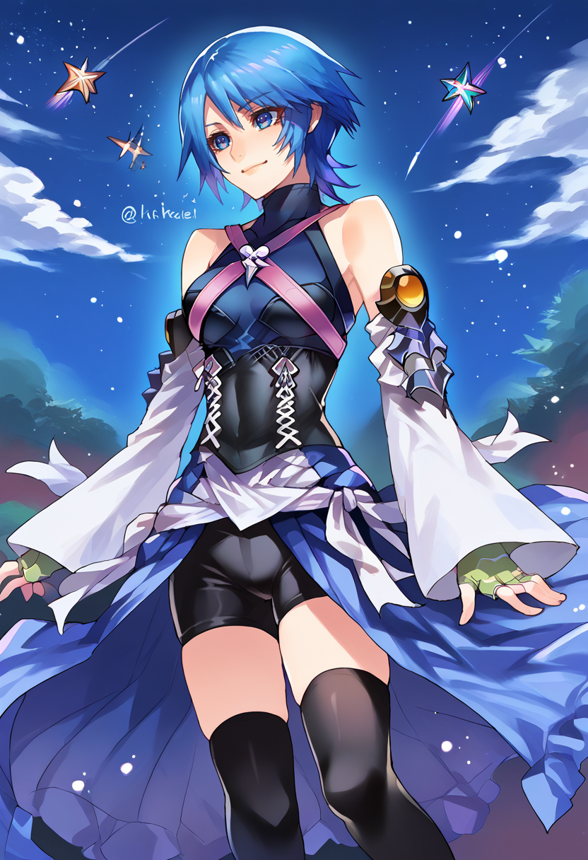 solo, score_9, score_7_up, source_anime, BREAK smile, twisted torso, night sky, shooting star, <lora:Aqua_Kingdom_Hearts:0.9> aqua (kingdom hearts), blue eyes, blue hair, short hair, bare shoulders, halterneck, criss-cross straps, detached sleeves, fingerless gloves, gloves, overskirt, bike shorts under skirt, black thighhighs, <lora:Ban!_(bansankan)_PonyXL_style_v01:1>