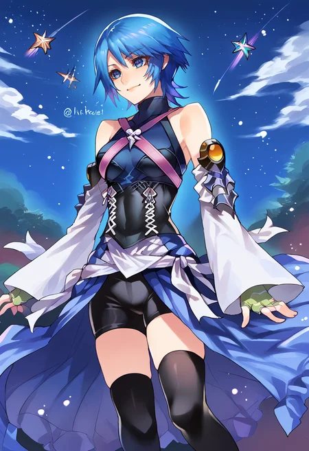 solo, score_9, score_7_up, source_anime, BREAK smile, twisted torso, night sky, shooting star, <lora:Aqua_Kingdom_Hearts:0.9> aqua (kingdom hearts), blue eyes, blue hair, short hair, bare shoulders, halterneck, criss-cross straps, detached sleeves, fingerless gloves, gloves, overskirt, bike shorts under skirt, black thighhighs, <lora:Ban!_(bansankan)_PonyXL_style_v01:1>