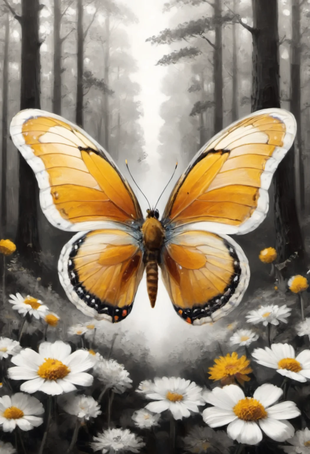a butterfly made of dvr-honey flying in a [:(b&w, monochrome:2.0):1] forest, 35mm
<lora:HoneyStyleV2:0.8>
