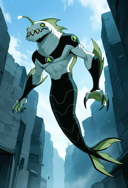 masterpiece, best quality, amazing quality, very aesthetic, absurdres, newest,,
ripjawsov, no humans, sharp teeth, teeth, colored skin, monster, pale skin, angler fish lure, green eyes, small eyes, , monster boy, claws, digimon (creature), fins, , square jaw
from bottom, kaiju, massive, giant, behind buildings, atomic breath, blue fire breath,