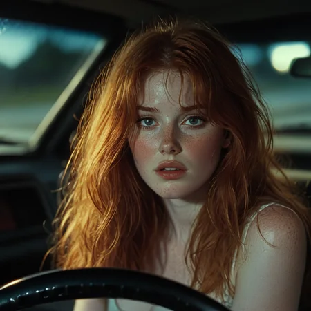 <lora:90s_Indie_MovieSDXL:1> ArsMovieStill, movie still from a 1990s indie movie, The image shows a woman with long red hair sitting in the driver's seat of a car her face illuminated by the light of the car's steering wheel., 1girl, solo, freckles, long hair, realistic, looking at viewer, lips, blonde hair, car, ground vehicle