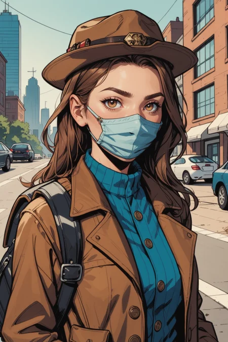 1girl, car, solo, motor vehicle, hat, mask, looking at viewer, realistic, long hair, brown hair, blurry, jacket, outdoors, blurry background, upper body, coat, mouth mask, bag, backpack, buttons, open clothes, vest, brown headwear, brown jacket, city, building, depth of field, a_Comic_Illustration, rough lines with ink, (drawn:1.1), (sketch:1.5), (crosshatching:1.25), (comic style:1.1), graphic novel style, sharp lines, hires, zstyle, (western comics \(style\):1.1), (hatching \(texture\):1.2), zPDXL, Mr_Monster_Possitive, <lora:Expressive_H:0.5>, score_9, score_8_up, score_8_up,