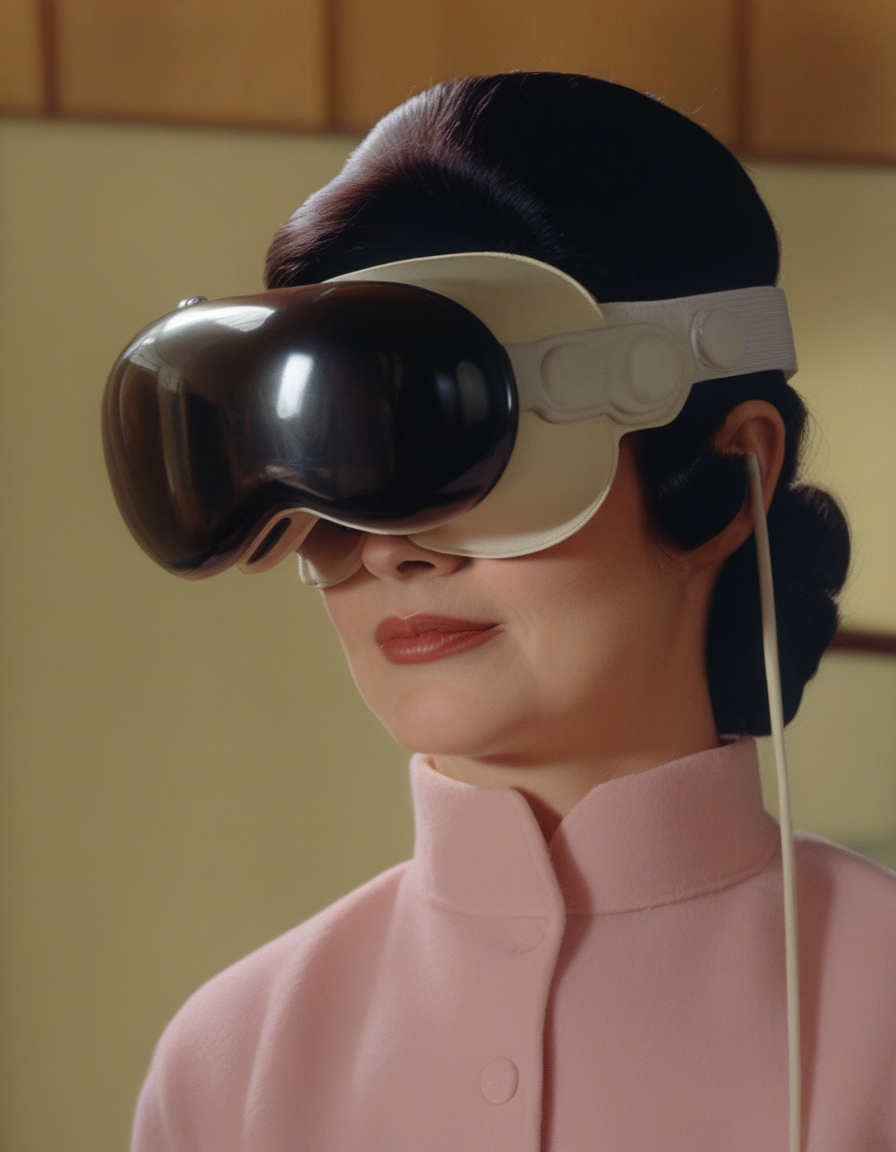 a woman wearing vsnz headset , in  1960s, retro, scratched film  <lora:AppleVisionProDoguXL_vsnz:1.22>
