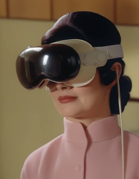 a woman wearing vsnz headset , in 1960s, retro, scratched film <lora:AppleVisionProDoguXL_vsnz:1.22>