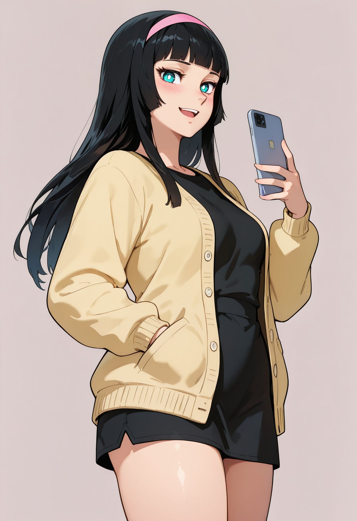 masterpiece,best quality,amazing quality, <lora:erika_daimos_ilxl_goofy:1>    erikadaimos ,black hair,blunt bangs, blue eyes,white pupils, bright pupils, pink hairband, ,long hair, 1girl, :d, alternate costume, black hair, black shirt, blush, cardigan, casual, cellphone, cowboy shot, eyelashes, hand in pocket, hand up, holding, holding phone, looking at viewer, open cardigan, open clothes, open mouth, shirt, sidelocks, simple background, smartphone, smile, solo, thighs, tsurime, yellow cardigan