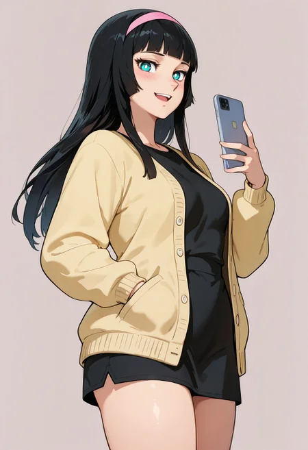 masterpiece,best quality,amazing quality, <lora:erika_daimos_ilxl_goofy:1>    erikadaimos ,black hair,blunt bangs, blue eyes,white pupils, bright pupils, pink hairband, ,long hair, 1girl, :d, alternate costume, black hair, black shirt, blush, cardigan, casual, cellphone, cowboy shot, eyelashes, hand in pocket, hand up, holding, holding phone, looking at viewer, open cardigan, open clothes, open mouth, shirt, sidelocks, simple background, smartphone, smile, solo, thighs, tsurime, yellow cardigan