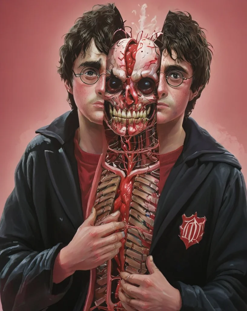<lora:split2:1> split head and body, split Harry Potter, inside The Queen of Hearts
