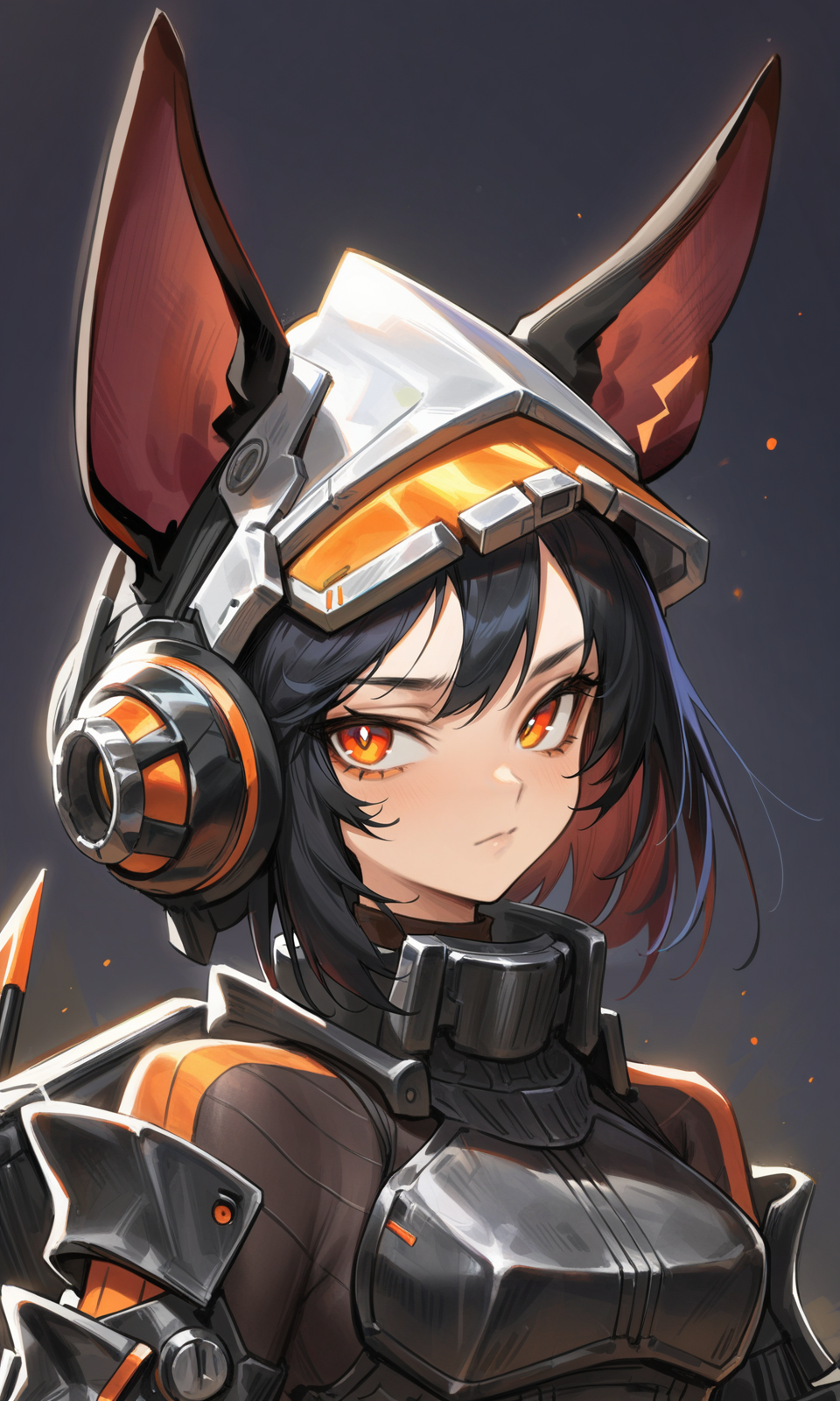 agoto, 1girl, solo, animal ears, black hair, helmet, standing, looking at viewer, orange eyes, upper body, portrait, 
masterpiece, best quality, very aesthetic, absurdres,
<lora:Agoto_xl:1><lora:Fixhands_anime_bdsqlsz_V1:1>
