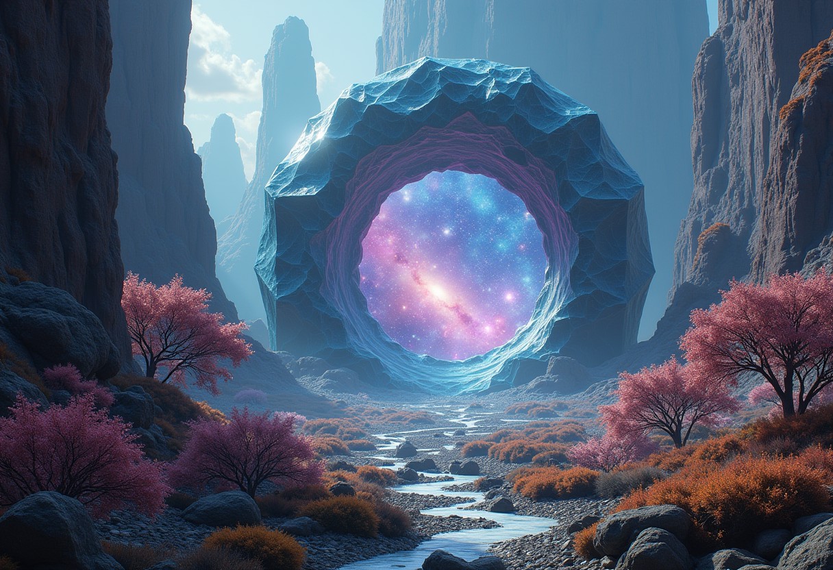 An incredible alien landscape with a volley of diferent vegetation, Luminous and shiny crystal stands in the walley. Cosmos and galaxies are cealed inside of crystal, A large portal leading to another reality stand in the center of a scene. Realistic, photography