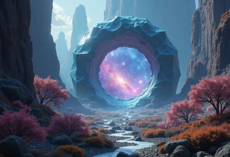 An incredible alien landscape with a volley of diferent vegetation, Luminous and shiny crystal stands in the walley. Cosmos and galaxies are cealed inside of crystal, A large portal leading to another reality stand in the center of a scene. Realistic, photography