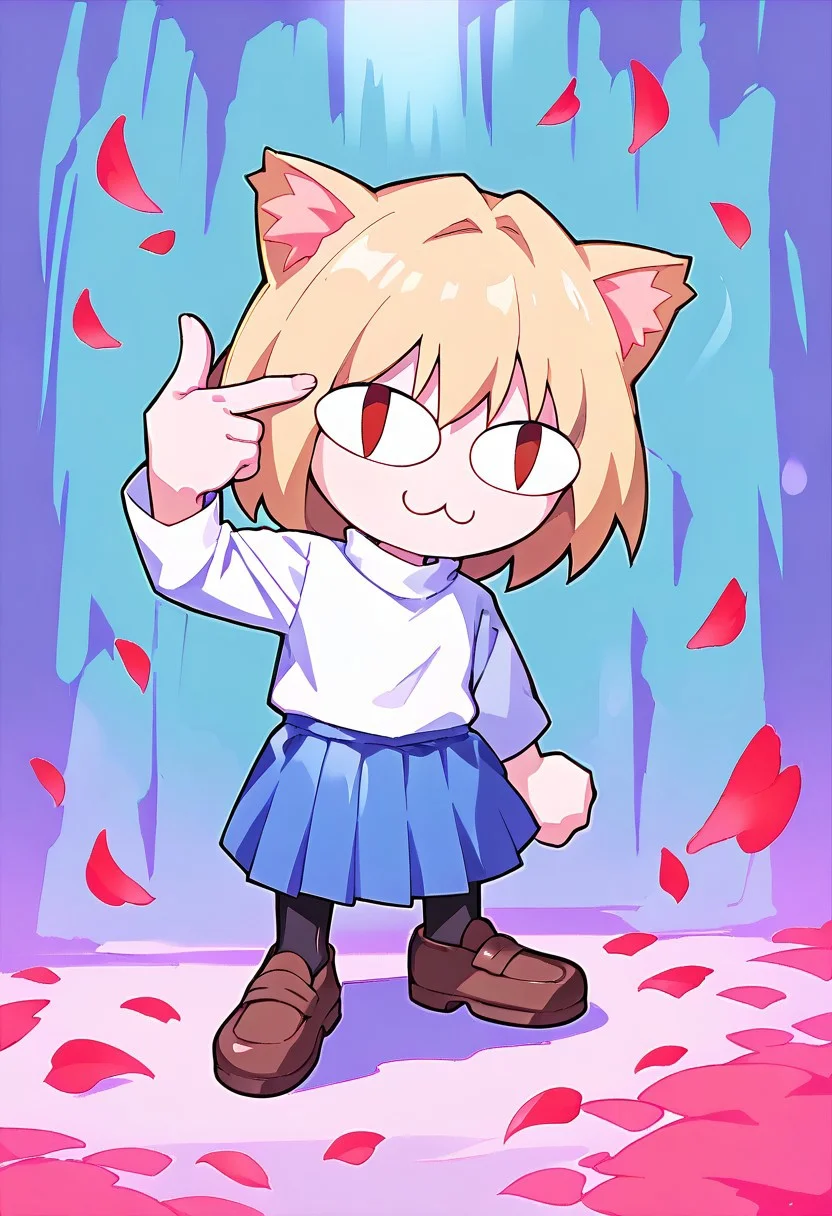 score 7 up, score 8 up, score 9 up, mesterpiece, best qualty, vibrant,
BREAK
necoarc, blonde hair, red eyes, slit pupils, cat ears, :3, chibi, turtleneck, white shirt, blue skirt, pleated skirt, pantyhose, brown footwear,
BREAK
(((finger gun,rose,petals))), dunamic pose, abstract background