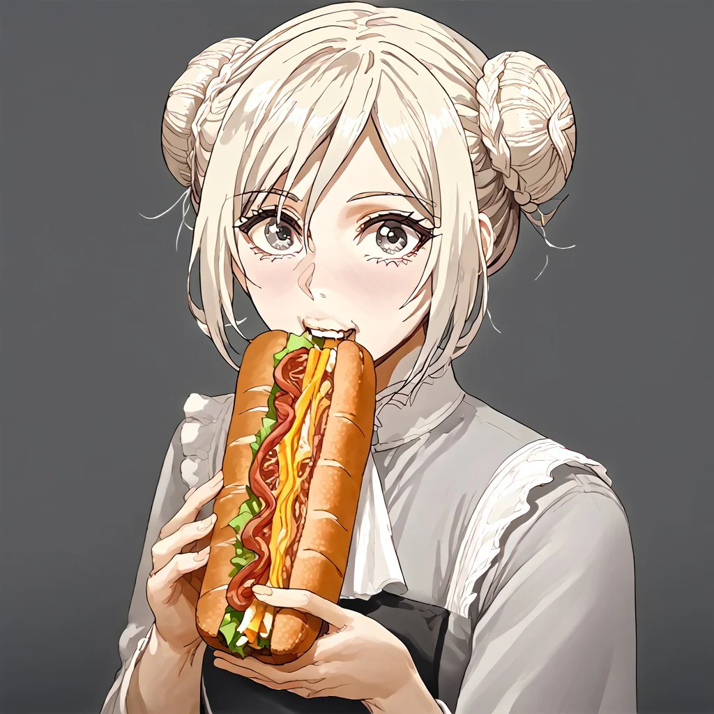 solo, 1girl, Elentzia_TR, pale blonde hair, braided bun, gray eyes, deli, holding, sandwich, biting , looking at viewer, surprised, absurdres, 4kres, source_anime, score_7_or_higher, csr style, mammoth_metal_style