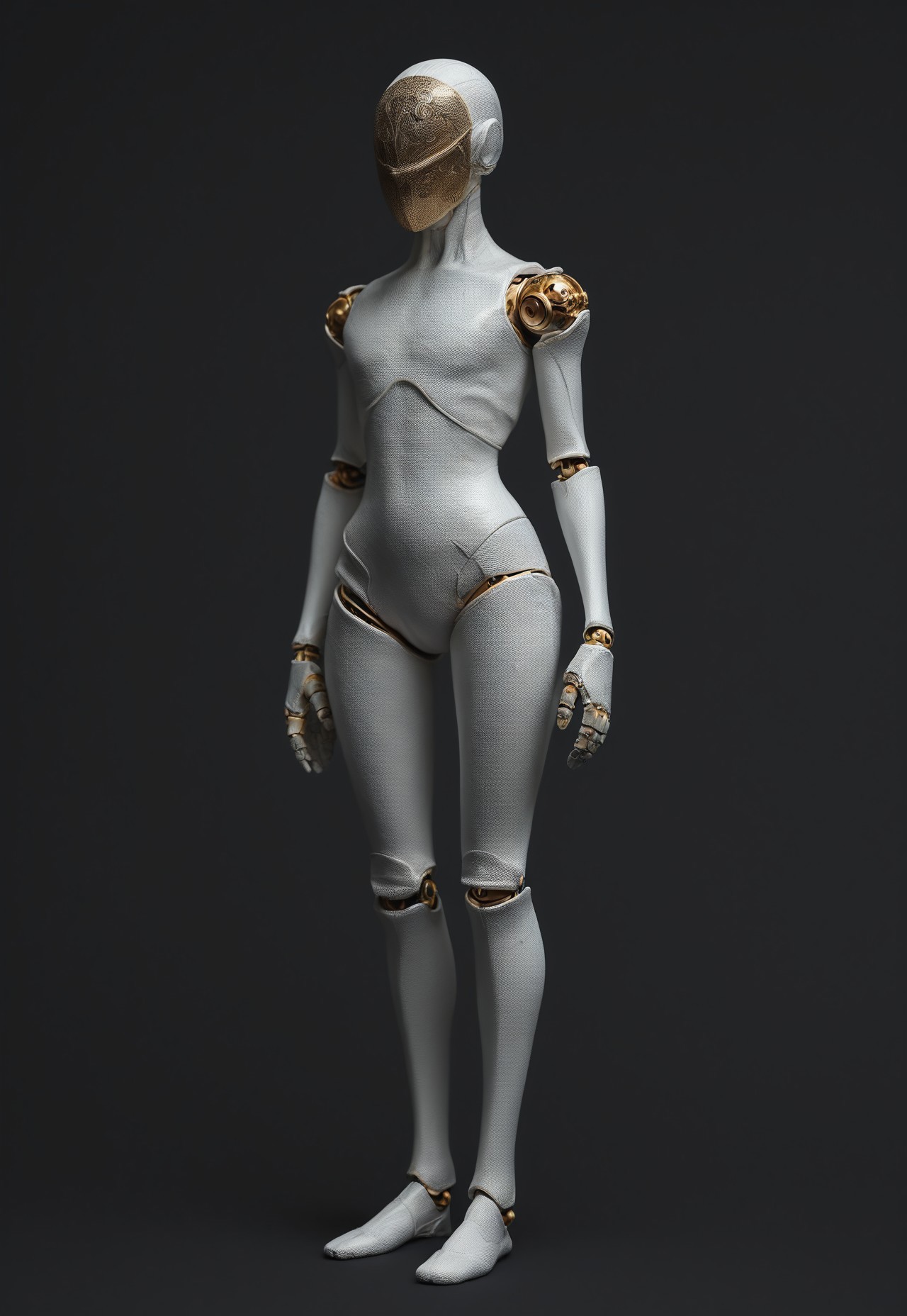 score_9, score_8_up, full body portrait, A tall thin androgynous figure in a tip toe ballerina pose, ((doll joints, ivory white porcelain skin, colored skin, smooth featureless skin, segmented abdomen)), (gold, kintsugi, cracked skin), ((silver sword blades attached forearms)), ((FaceLess Mask, Kokoshnik, copper patinaed mask, Patterned/Armor/Robot mask)), dark background, studio lighting