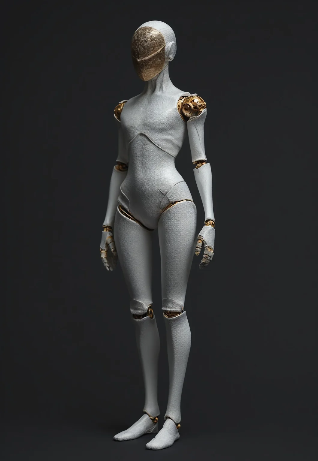 score_9, score_8_up, full body portrait, A tall thin androgynous figure in a tip toe ballerina pose, ((doll joints, ivory white porcelain skin, colored skin, smooth featureless skin, segmented abdomen)), (gold, kintsugi, cracked skin), ((silver sword blades attached forearms)), ((FaceLess Mask, Kokoshnik, copper patinaed mask, Patterned/Armor/Robot mask)), dark background, studio lighting