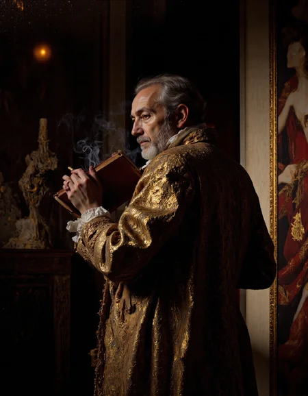 from behind, Plasmoids, Rembrandt style Portrait of brutal dressed old man, beautiful, cinematic, dynamic, glowing, elegant, intricate, highly detailed, dramatic light, sharp focus, fine detail, illuminated, divine background, professional, directed, delicate, very coherent, extremely attractive, pleasing, stunning, inspired, epic, iconic, astonishing, creative, best, perfect, romantic, thoughtful, ideal, cool, awesome, mid body portrait . Baroque, chiaroscuro, realistic, emotional, "flat lighting, holding_cigarette, holding_book, with charisma. 50mm lens, f/2.8, focused on eyes, natural, <lora:nastassia:1>, lighting