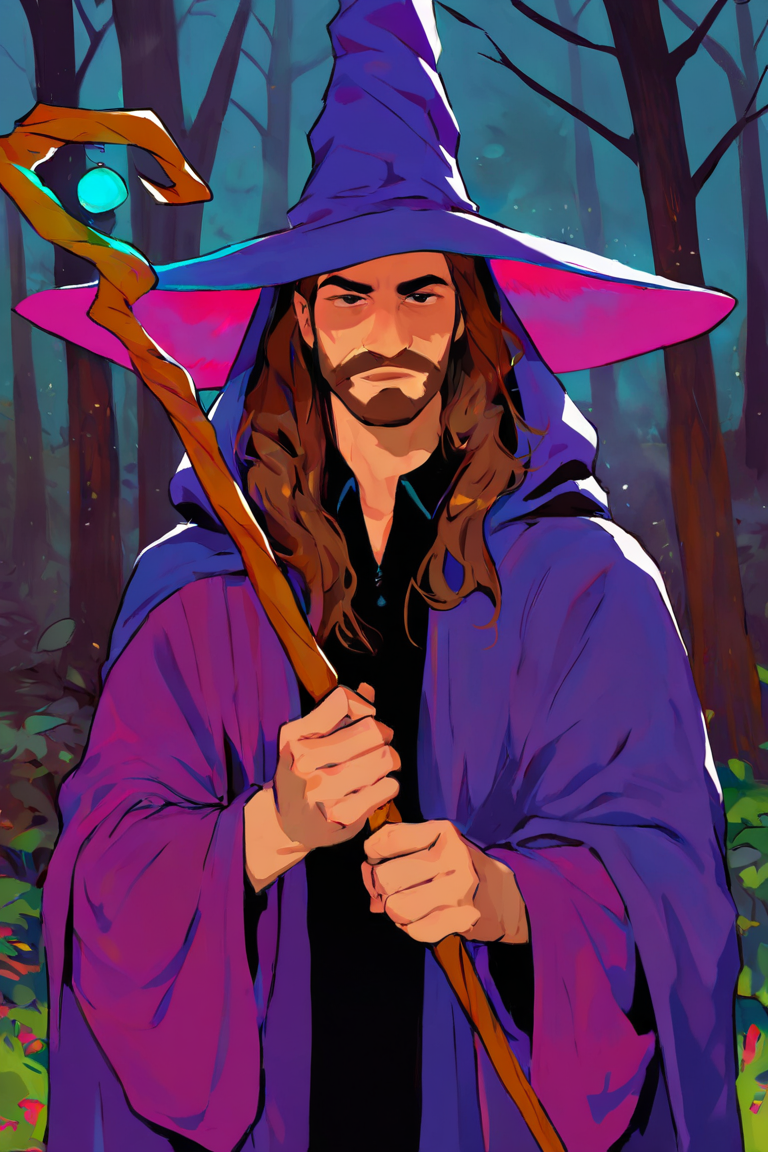 masterpiece, best quality, highres, newest, rainbowstyle, flat color, colorful, 1boy, solo, male focus, mature male, wizard, long hair, brown hair, black eyes, looking at viewer, hat, facial hair, beard, mustache, staff, wizard hat, purple hat, black shirt, collared shirt, robe, purple robe, hooded cloak, holding, holding staff, upper body, closed mouth, standing, outdoors, forest, nature, tree, fog, dark background <lora:Rainbow Dreams [LoRA] - NoobAI-XL EPS 1.0:0.8>