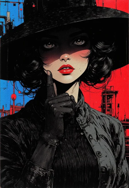 (nistyle, monochrome Manga Sketch:1.2), film noir style, impressionism, shadowplay. a japanese femme fatale wearing wide brimmed hat, obscuring her face mostly with shadows. the woman has fair skin, dark, voluminous curls styled in an elegant 40s updo, and striking red lipstick. her eyes are accentuated with bold, black eyeliner and mascara. she exudes timeless elegance and sophistication. hyperdetailed manga sketch style, with bleached vibrant colorful neon color Highlights, grey, blue and red color grading.
