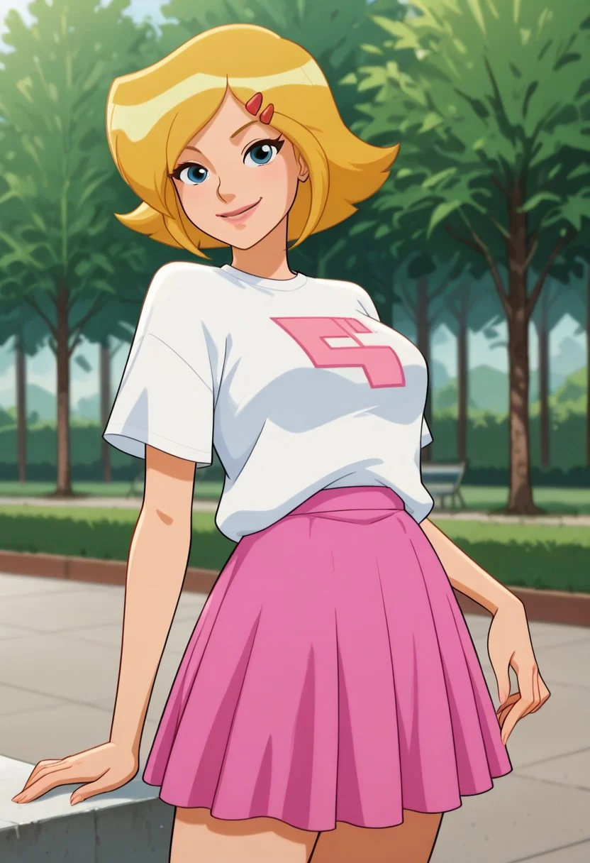 masterpiece, best quality, good quality, 1girl, solo, cartoon, totally_spies_2k24, cl0ver, blonde hair, blue eyes, white t-shirt, pix3l print, pink skirt, hairclip, sexy, large breasts, beautiful, detailed, high detailed, very beautiful, detailed face, detailed eyes, detailed hand, fingernails, outside, park, smile, posing, pose, looking at viewer