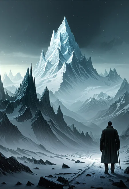mountain range in the distance, ice covered jagged mountain peaks, eerie atmosphere, lonely weanderer looking into the distance, at the mountains of madness, lovecraft horror, <lora:add-detail-xl:0.85>, <lora:Antique_Photo:1>