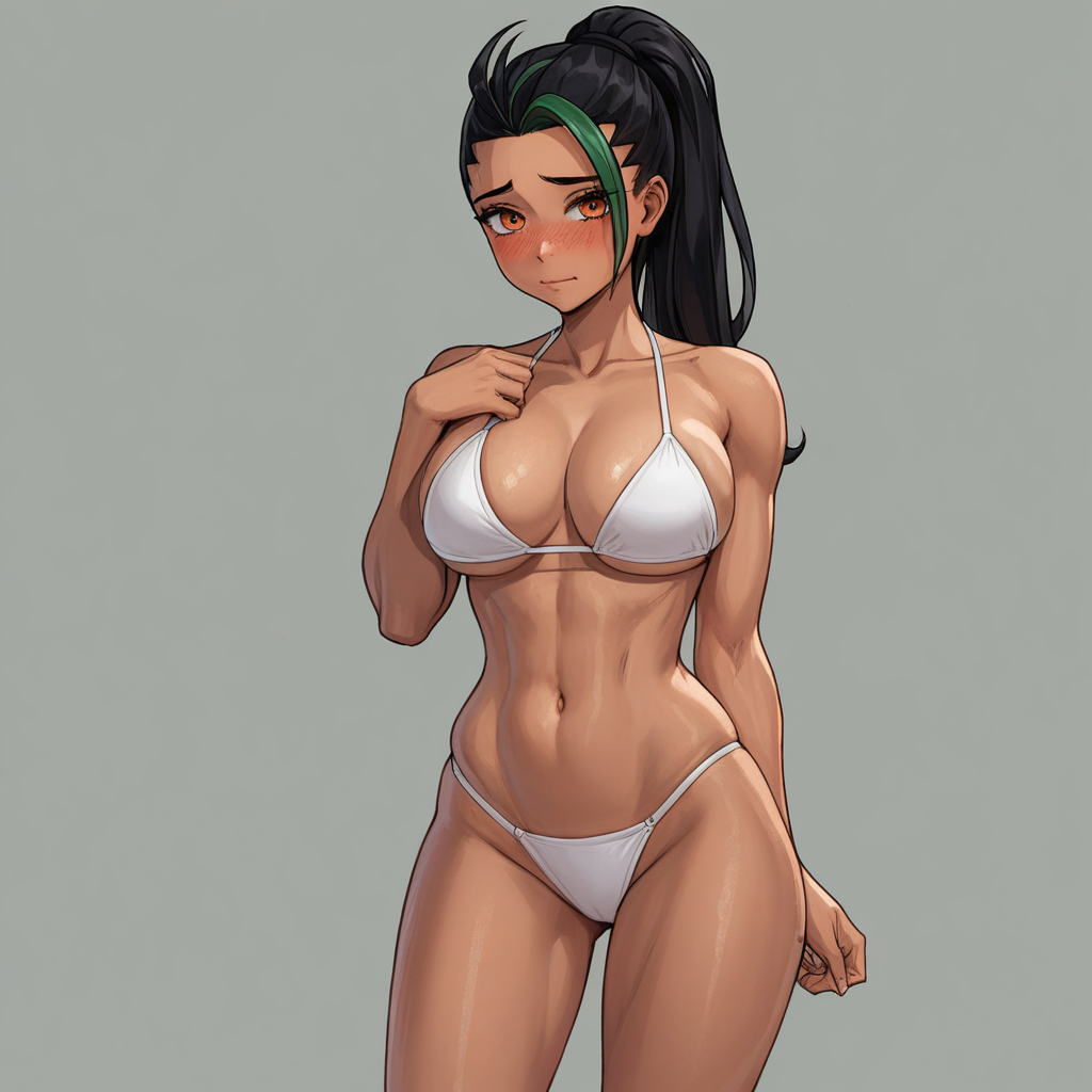 score_9, score_8_up, score_7_up, source_anime, expressive, anime, (4k4bur5tyl3:1.2), Artist speedlines, dynamic, 1girl, (nemona), streaked hair, ponytail, orange eyes, milf, aged up, curvy, fit, dark skin, (white bikini), large breasts, skinny, thick thighs, navel, standing, shy, blush, blushing, embarrassed, sensual, horny, longing, looking at viewer, source_hentai, simple background