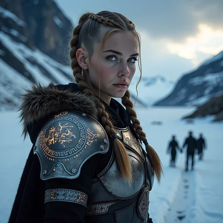A captivating image emerges, focusing on a vikingpunk warrior-princess with her presence commanding attention in the icy wasteland. Her futuristic viking armor based on traditional viking armor, a seamless fusion of technology and her athletic form, slim-athletic form highlights her strength and agility. The warrior's twin braids with shaved sides, frames her determined expression, while her piercing eyes bore into the viewer. Ancient runes are etched into her battleaxe and armor, crackling with mystical glowing energy. The frozen landscape, a testament to her people's resilience, stretches into the distance, where dark, ominous clouds partially veil the rugged mountainous pass, filling the air with crispness and the promise of lightning. This artwork, with its Nordic and Viking-inspired elements, captures the essence of a powerful futuristic figure, seamlessly blending ancient traditions with futuristic innovations. Beauty, chiaroscuro, play of shadow and light, realistic, <lora:flux_trainer/moxiePunk_v3>, <lora:flux/Realism 2.safetensors:1.0>,