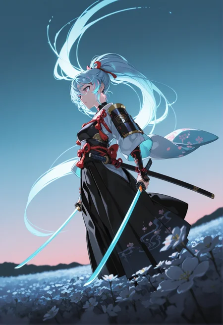 <lora:ck-yoneyama-mai-IL-000014:1>, masterpiece, best quality, good quality, very aesthetic, absurdres, newest, 8K, depth of field, focused subject, 
dynamic angle, medium close up, wabi sabi, 1girl, samurai, ethereal presence, long flowing pastel blue hair, wielding a glowing katana, standing, cherry blossom field at dusk, soft lighting, vibrant neon highlights, Yoneyama Mai style, highly detailed anime illustration, dreamlike atmosphere, cinematic composition
ckym, in the style of ckym,