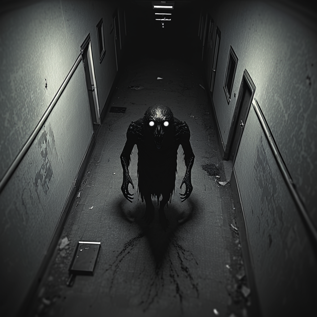 horrorcctvlora, abandoned hallway, horror (theme), monster, monochrome, bird view, looking at viewer