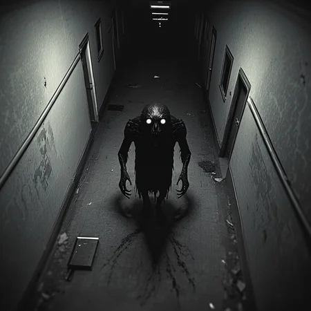 horrorcctvlora, abandoned hallway, horror (theme), monster, monochrome, bird view, looking at viewer