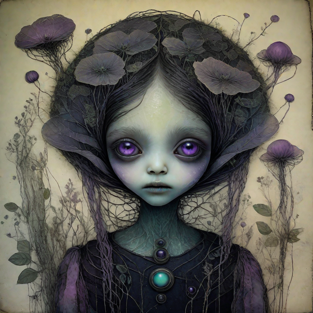albedo, echelier, eulera, alien female, Delicate, detailed botanical growths, Dark whimsical art, Multi-exposure ghosting effects, Hand-drawn lines resembling an animated sketch, Muted Pastel Grunge alien_wanderer, <lora:artfully_YOUNGALIEN_SDXL:0.8>,